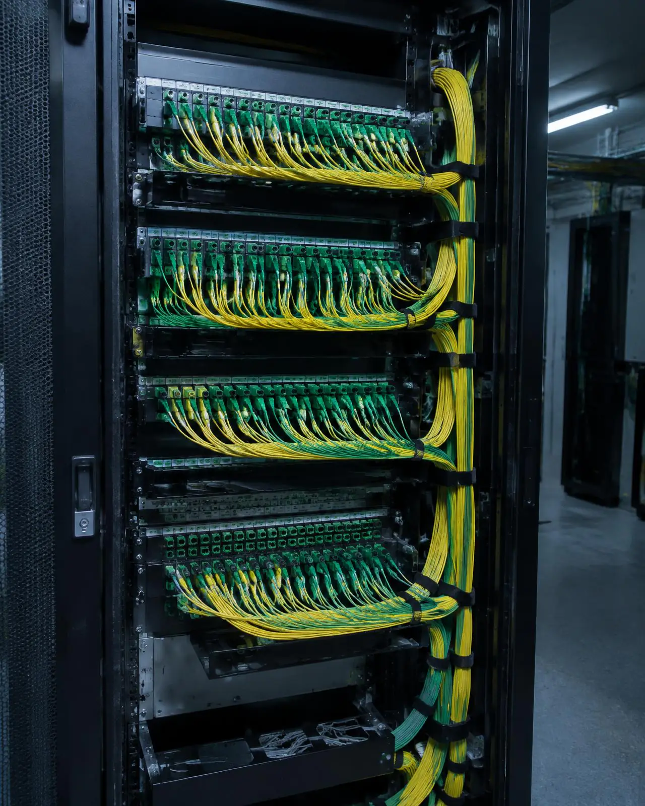 ODF con patch cords de fibra óptica organizados dentro de un rack de telecomunicaciones