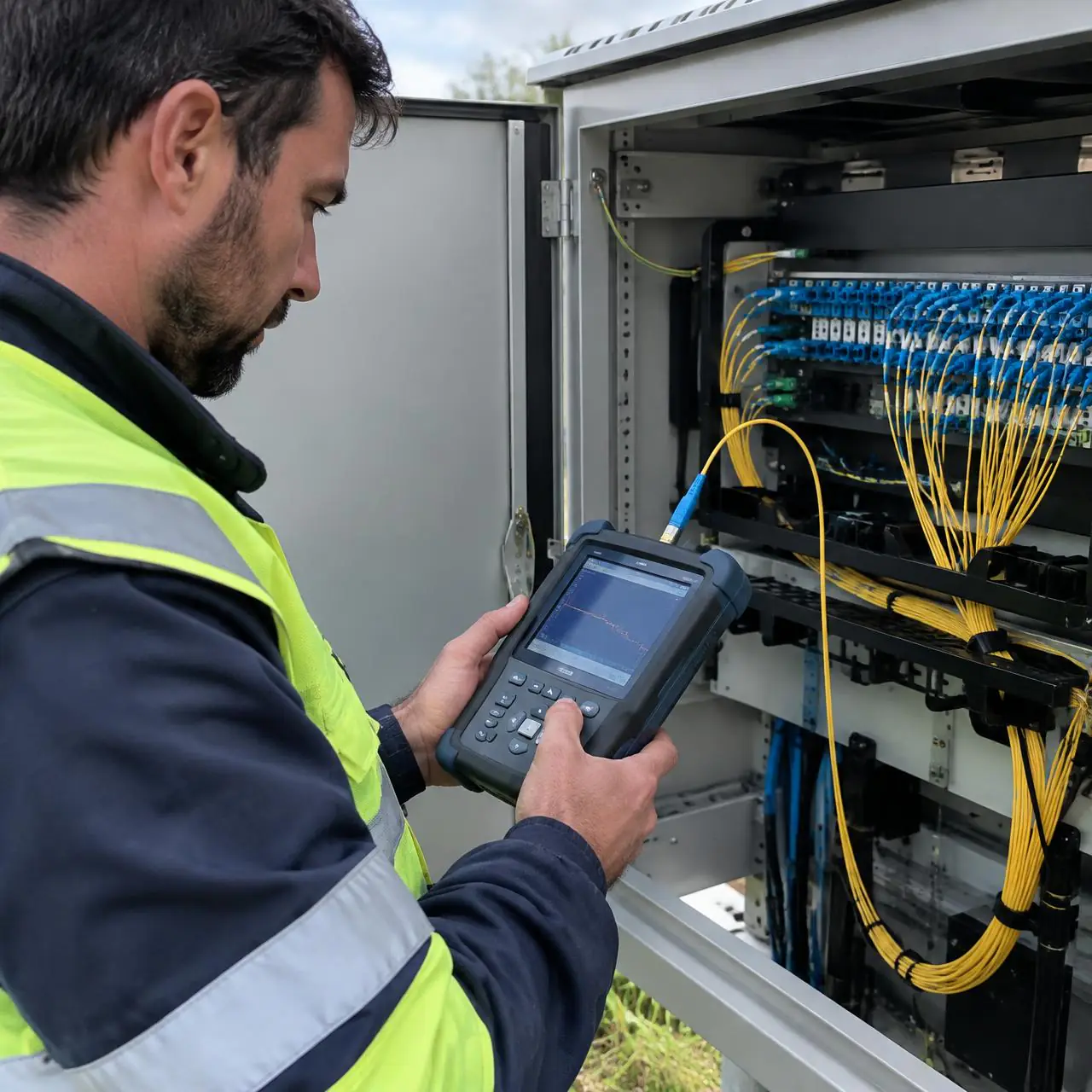 Técnico realizando medición con OTDR sobre un panel de fibra en gabinete exterior