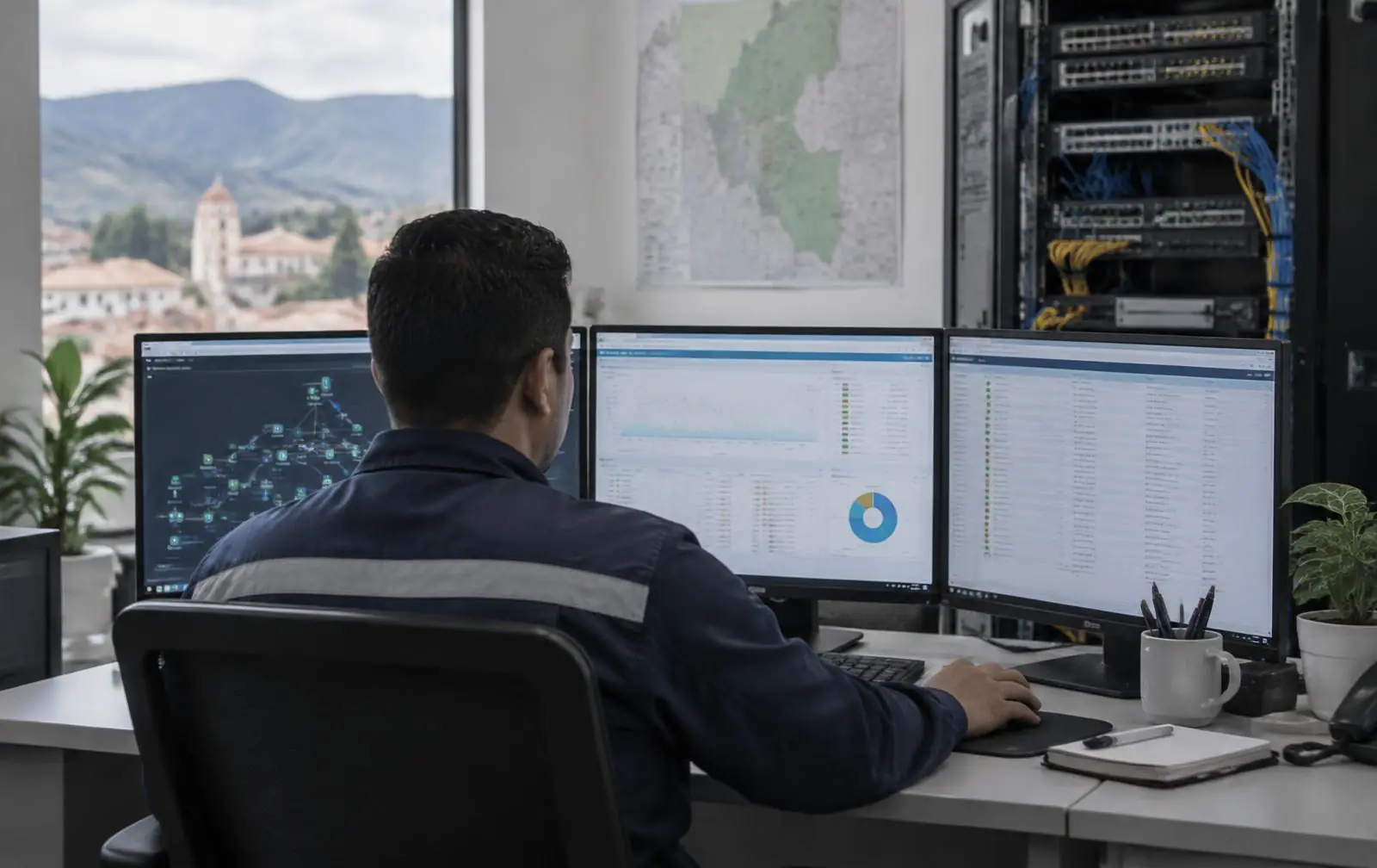 Técnico monitoreando la red desde un centro de operaciones regional