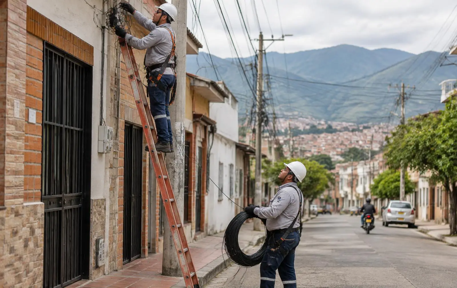 Cuadrilla técnica desplegando fibra óptica en una vía urbana colombiana