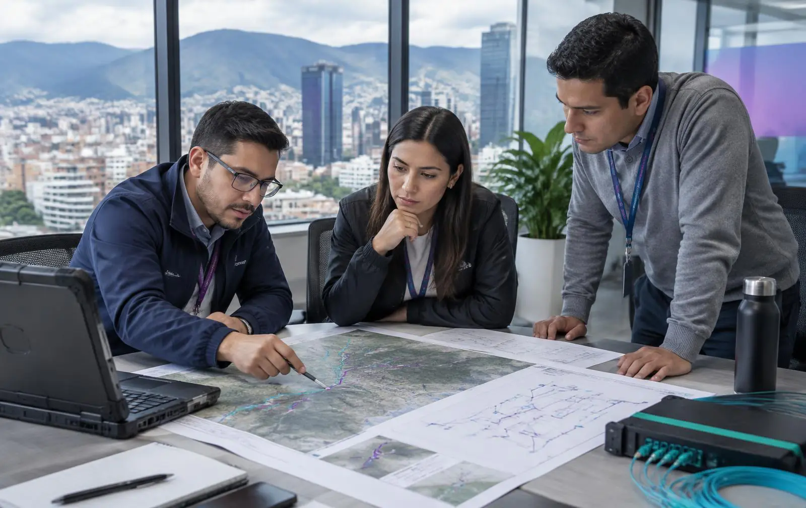 Equipo de telecomunicaciones planeando una solución de red para un cliente empresarial