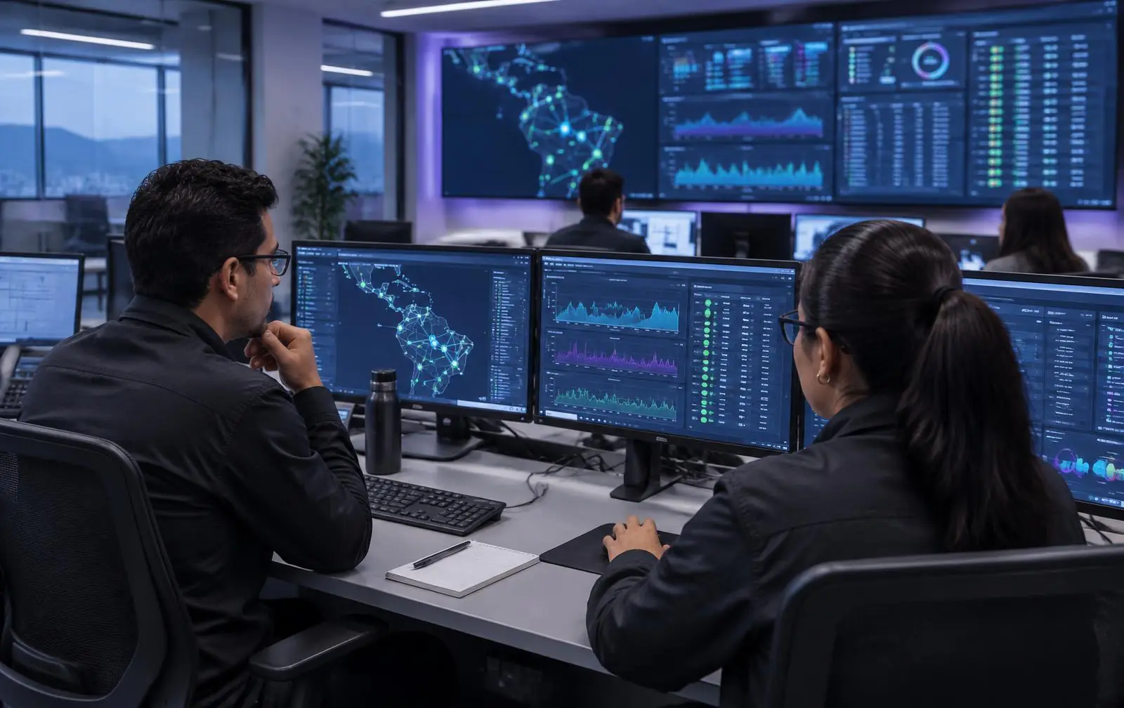 Equipo profesional monitoreando una red empresarial desde un centro de operaciones