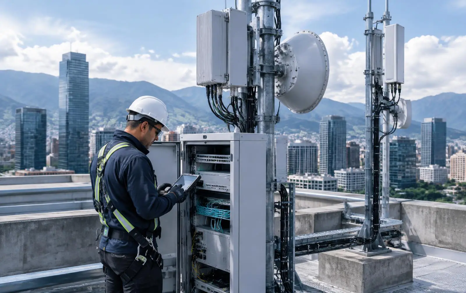 Técnico inspeccionando infraestructura de transporte en la cubierta de un edificio empresarial