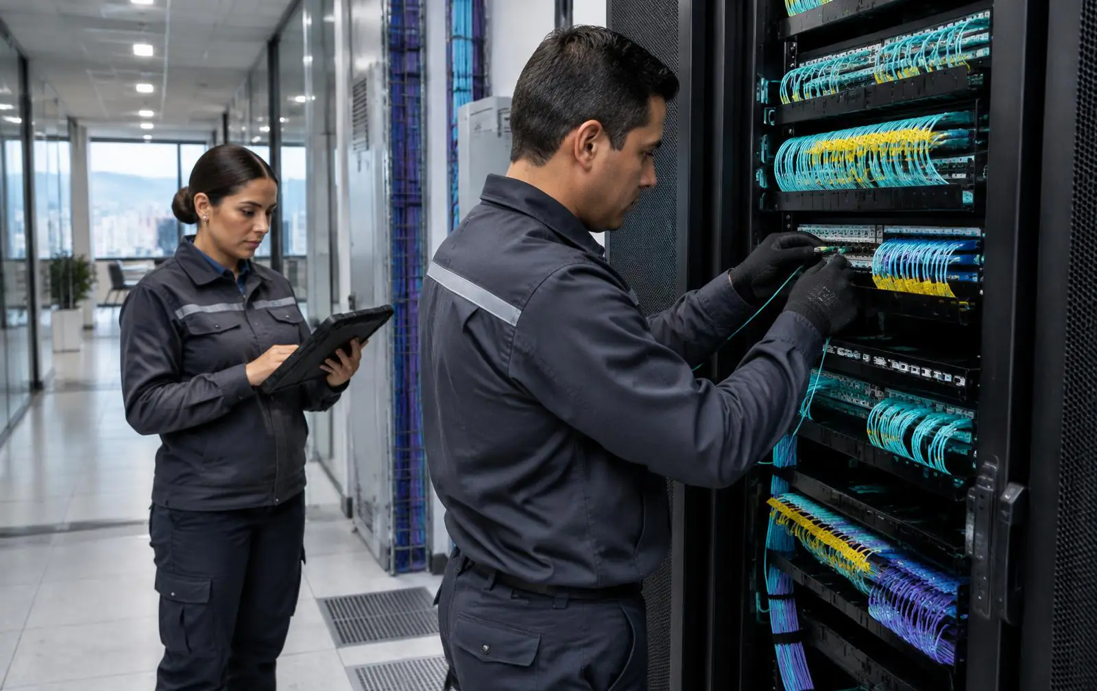 Equipo técnico instalando fibra óptica en la sala de comunicaciones de una empresa
