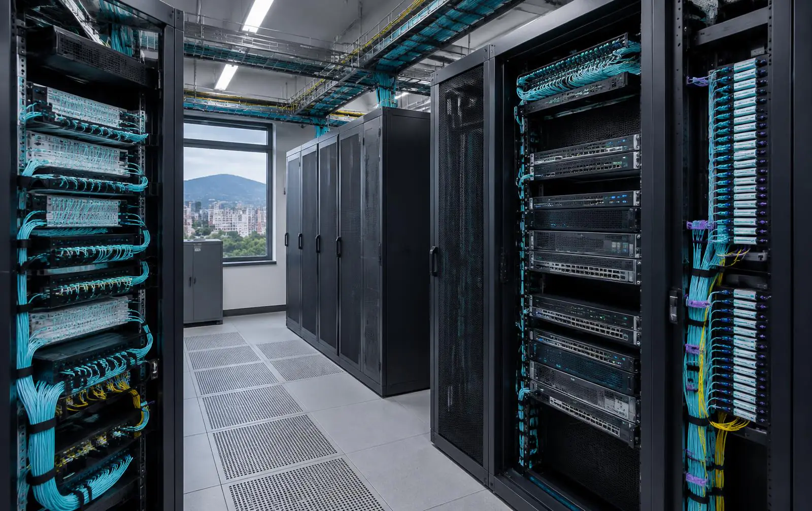 Sala de interconexión empresarial con racks, equipos de red y distribución de fibra