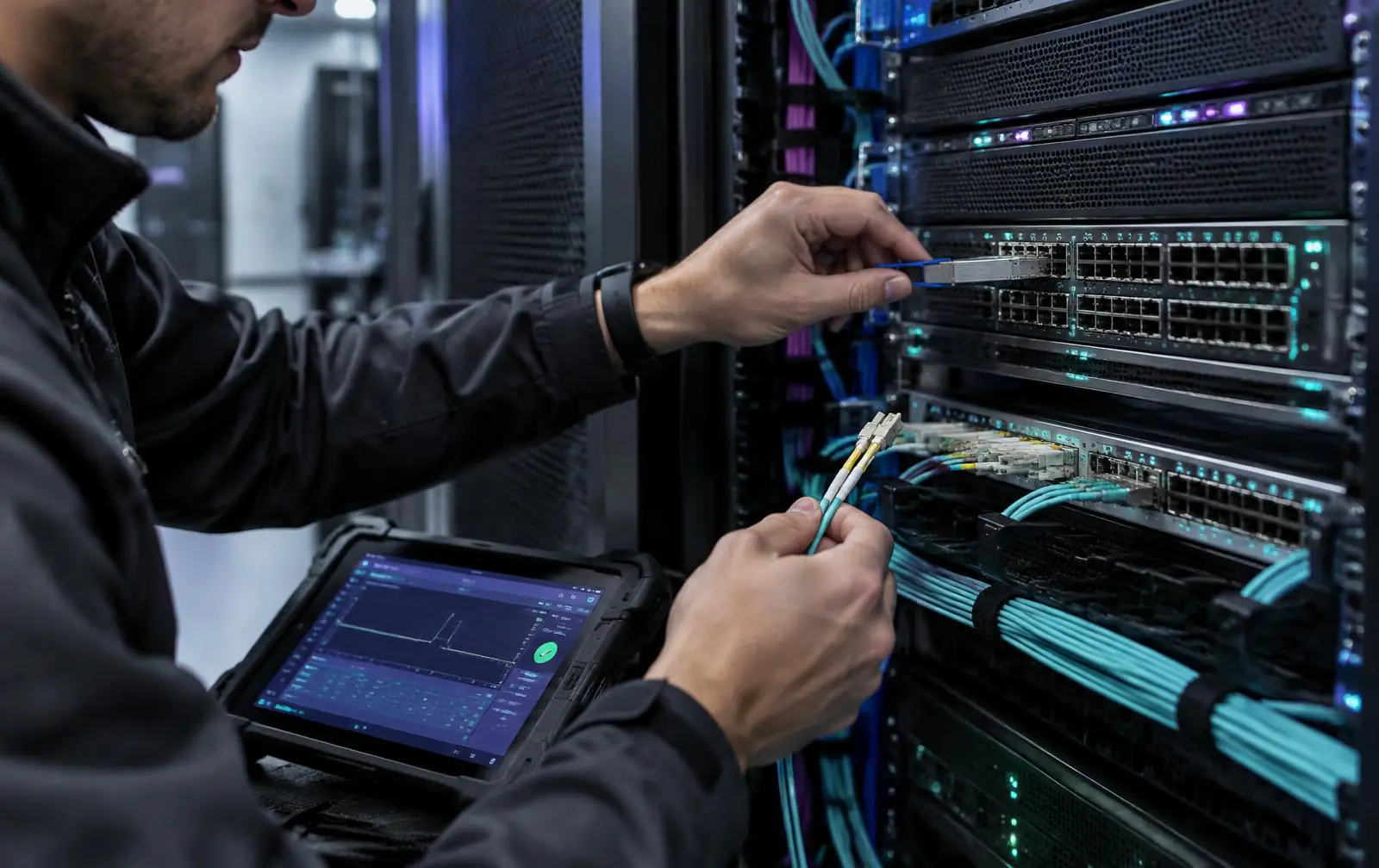 Ingeniero ejecutando una intervención de manos remotas sobre equipos ópticos